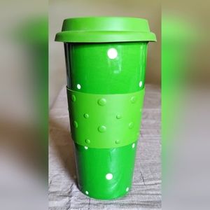 Temptations Polka Dot Ceramic Travel Mug w/ Silicone Sleeve & Lid - Green